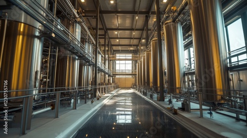 Industrial Facility Interior With Large Metal Tanks and Pipes