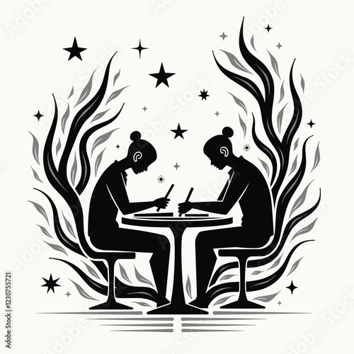 Focused collaboration between two women drawing at a table, creativity