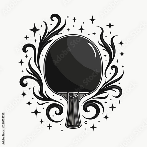Stylized ping pong paddle design with decorative elements, sports art