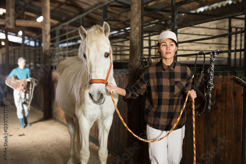 Asian woman horse holder leading white horse in stabling.