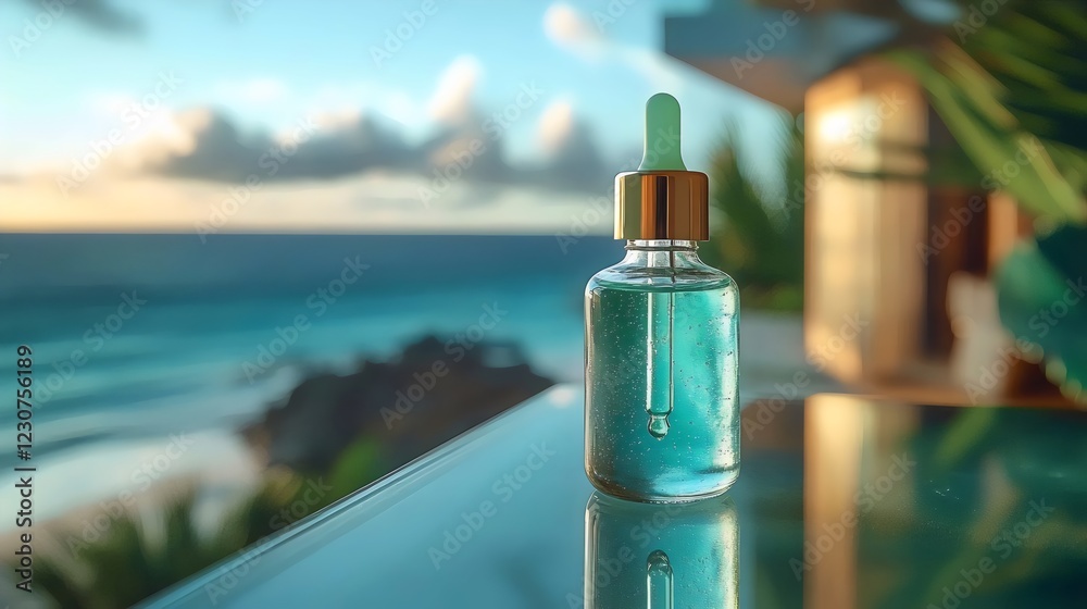 A bottle of blue liquid is sitting on a table by the ocean A bottle of blue liquid is sitting on a table by the ocean
