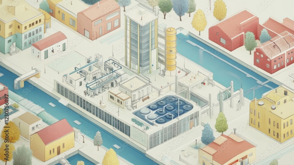Isometric Illustration Of A Modern City With A Canal And Industrial Complex Isometric Illustration Of A Modern City With A Canal And Industrial Complex