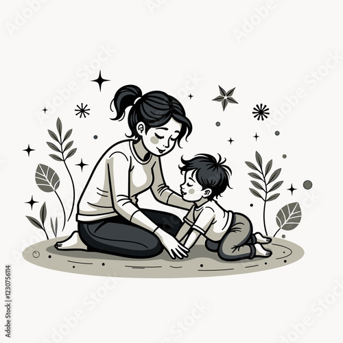 Affectionate mother comforting child in serene environment, nurturing bond