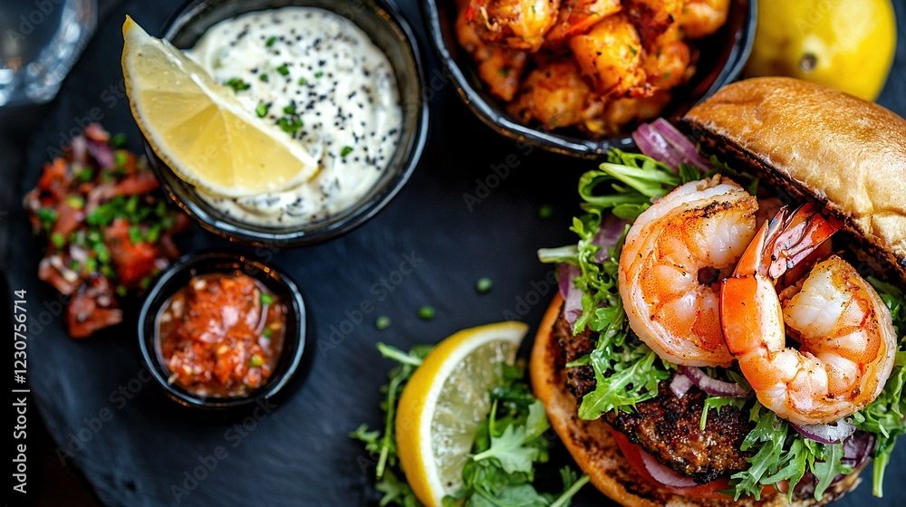 Sandwich on black plate with shrimp, lettuce, tomato, and sauce Sandwich on black plate with shrimp, lettuce, tomato, and sauce