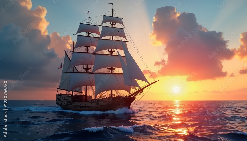 Fototapeta premium Large sailing ship sails across ocean at sunset. Majestic ship with big sails moves on sea waves. Beautiful sky with clouds. Artistic view of history of navigation. Ancient vessel with sails,