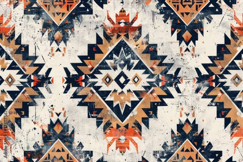 Abstract geometric pattern with southwestern Native American inspired design, featuring a distressed, textured background.