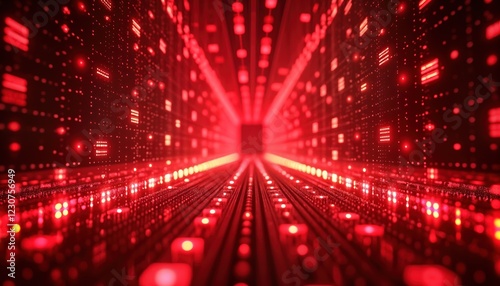 Fototapeta Naklejka Na Ścianę i Meble -  Abstract red tech matrix background. Deep perspective of glowing red lights. Futuristic design with grid pattern. Powerful visual. Modern technology concept. Digital network effect. Intense visual.