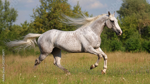 Beautiful and majestic horses running through a field elegantly