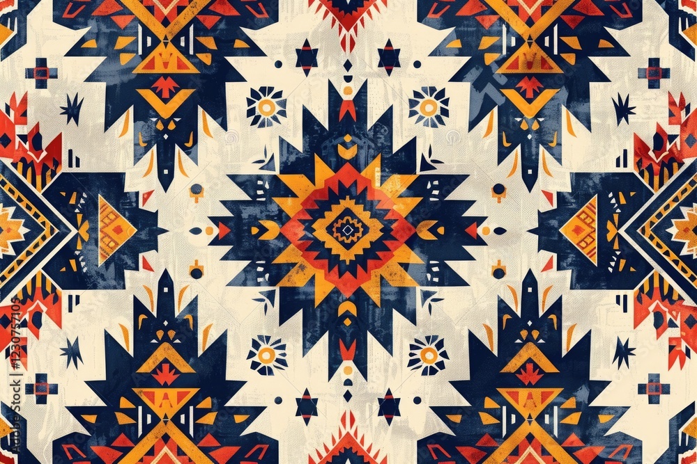 Geometric textile design with vibrant colors and intricate Native American-inspired patterns.