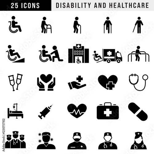 Disability and Healthcare Icons Set - Medical, Hospital, Accessibility, Wheelchair, Crutches, Stethoscope, Nursing, First Aid, Ambulance, Syringe, Rehabilitation, Patient Care, Doctor, Medicine