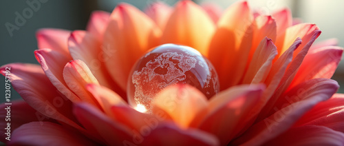 Close-Up Shot of a Glass Globe Nestled Inside a Blooming Flower with Vibrant Petals photo