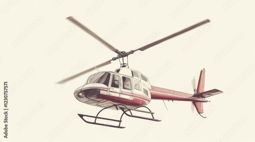 Red and white helicopter in flight against white background. Red and white helicopter in flight against white background.