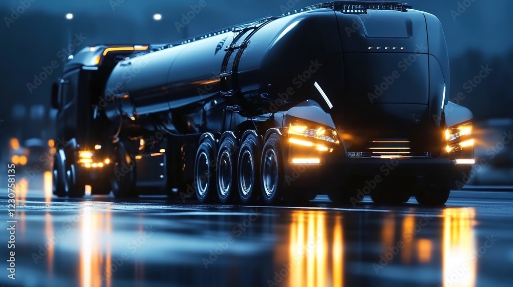 A close-up of the side view of an elegant black truck with a large tank, with lights on and the asphalt wet at night. A close-up of the side view of an elegant black truck with a large tank, with lights on and the asphalt wet at night.