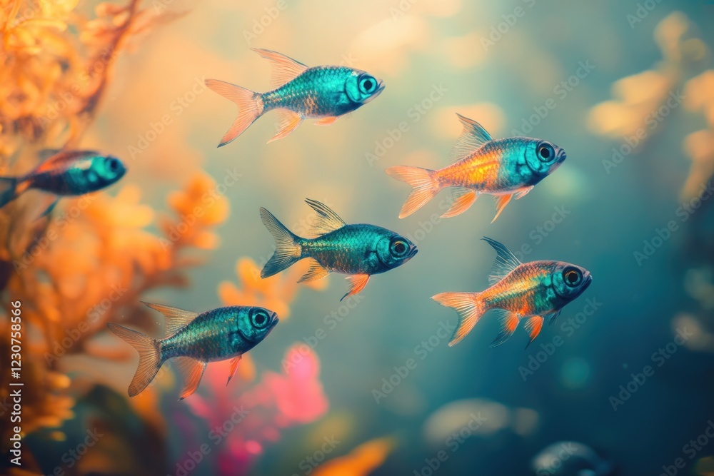 Fototapeta premium School of vibrant, turquoise and orange fish swimming in a lush, aquatic environment.