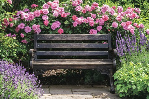 Wallpaper Mural Wooden bench nestled in a garden with pink roses and lavender. Torontodigital.ca