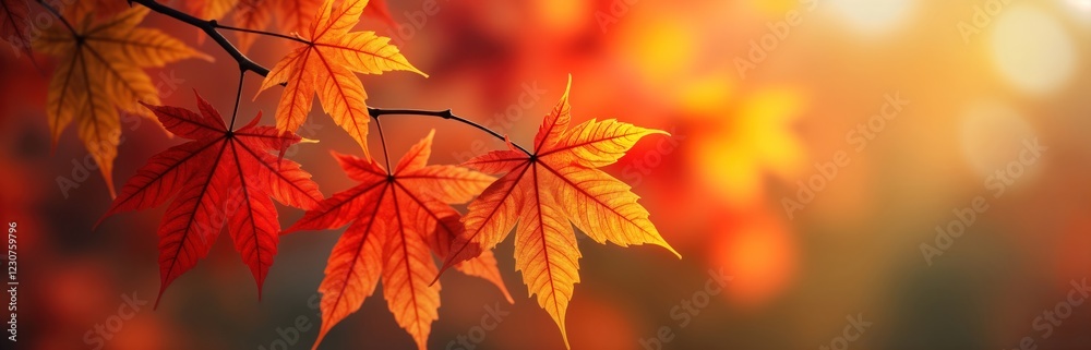 Vibrant autumn maple leaves with warm orange, red colours. Closeup view of foliage on branch. Abstract bokeh background creates soft focus effect. Nature scene ideal for design elements prints. Vibrant autumn maple leaves with warm orange, red colours. Closeup view of foliage on branch. Abstract bokeh background creates soft focus effect. Nature scene ideal for design elements prints.