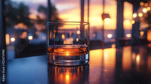A glass of whiskey sits on a counter in front of a window