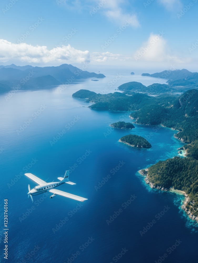 Fototapeta premium Soaring above the azure ocean with islands dotting the serene landscape. Generative AI
