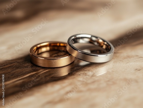 Gold and Silver Wedding Rings on Wooden Table