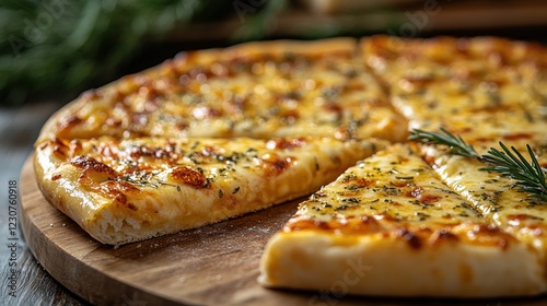 Wallpaper Mural Deliciously baked cheese pizza on a wooden board, garnished with herbs, in a cozy kitchen setting Torontodigital.ca