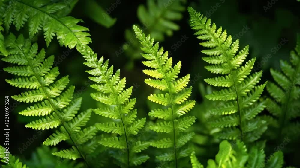 Lush fern leaves gently swaying in sunlit forest breeze Lush fern leaves gently swaying in sunlit forest breeze