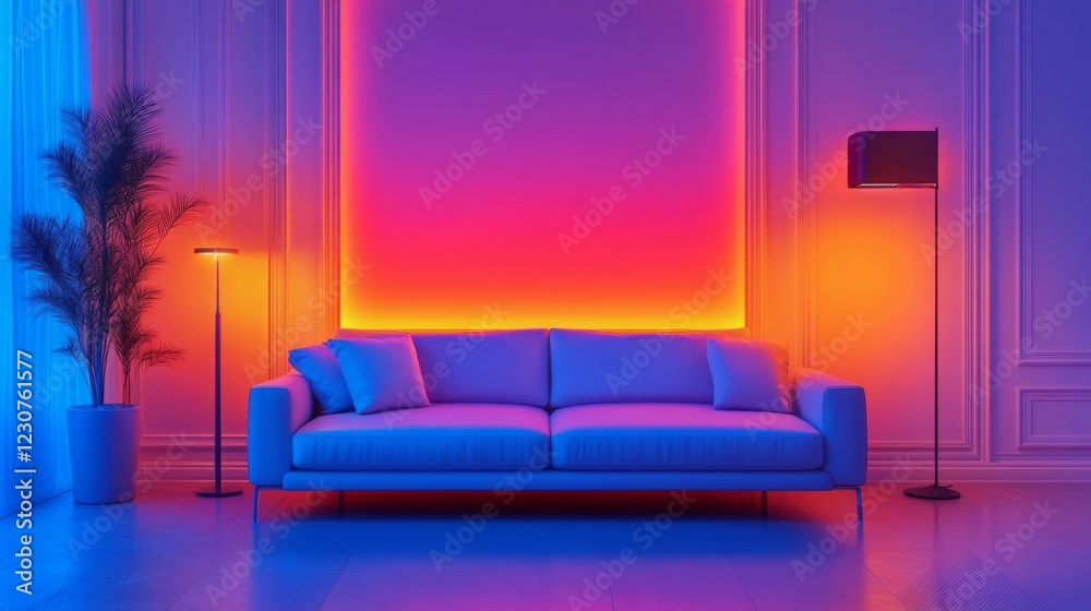 Modern Living Room with Colorful Gradient Lighting and White Sofa Modern Living Room with Colorful Gradient Lighting and White Sofa