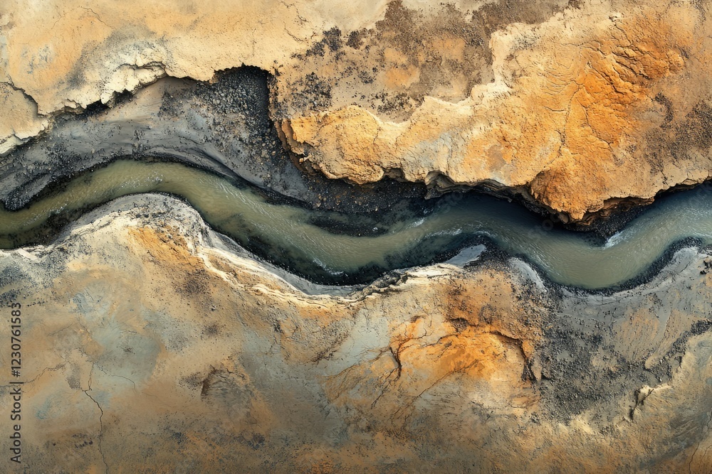 Aerial view of a winding river carving through arid, colorful canyon landscape. Aerial view of a winding river carving through arid, colorful canyon landscape.