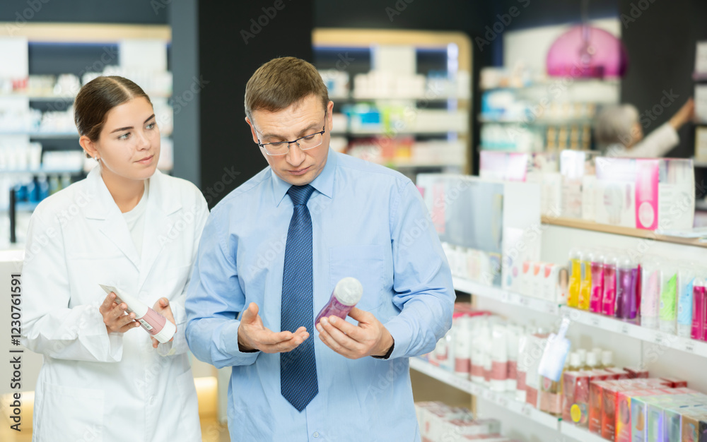 Obraz premium Attentive middle-aged man choosing lubricant with help of young female pharmacist in chemist's shop