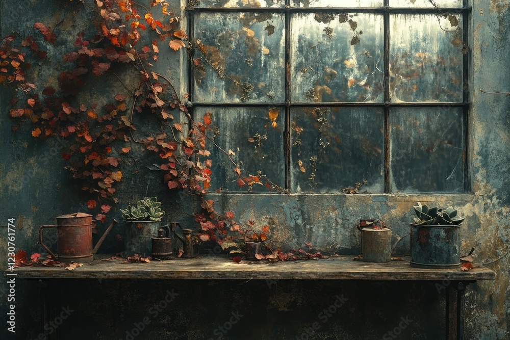 Rustic autumn scene with old watering cans, succulents, and vibrant red ivy against a weathered wall.
