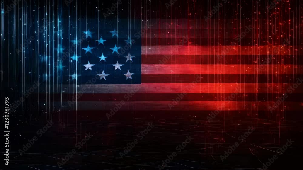 Vibrant american flag waving amidst abstract colorful particle rain