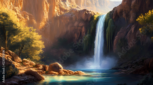 Havasu falls in the evening, where the rocks come alive, and the ancient spirits of the land tell stories of old. Enchanted Falls. Illustration