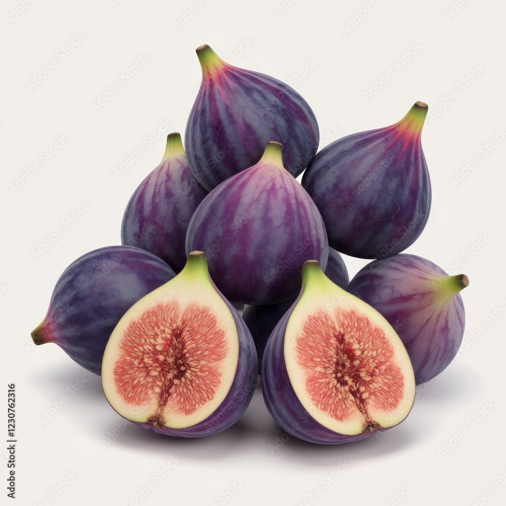 juicy purple figs, some whole and some halved, arranged attractively in a pile. The figs are ripe and ready to eat juicy purple figs, some whole and some halved, arranged attractively in a pile. The figs are ripe and ready to eat