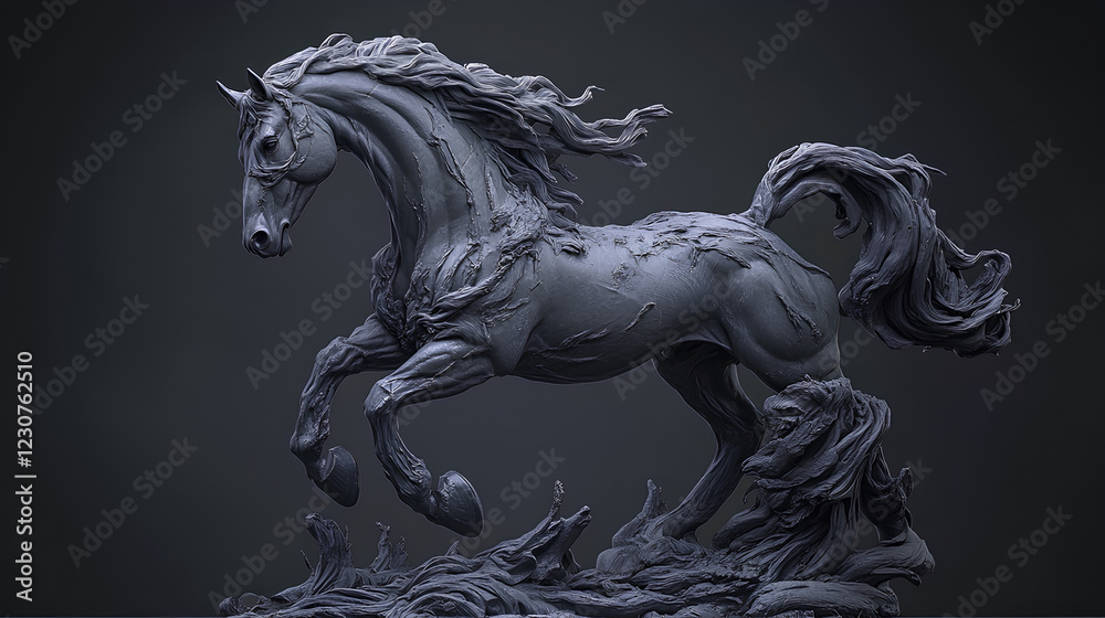 Sculpture of a powerful horse captured in mid-gallop, showcasing dynamic movement and intricate details against a dark background Sculpture of a powerful horse captured in mid-gallop, showcasing dynamic movement and intricate details against a dark background