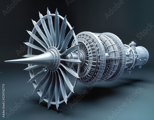 Wireframe illustration of airplane jet engine with propellers. Engine components shown in detailed tech drawing. Modern aircraft propulsion system design. Aviation tech innovation. Industrial