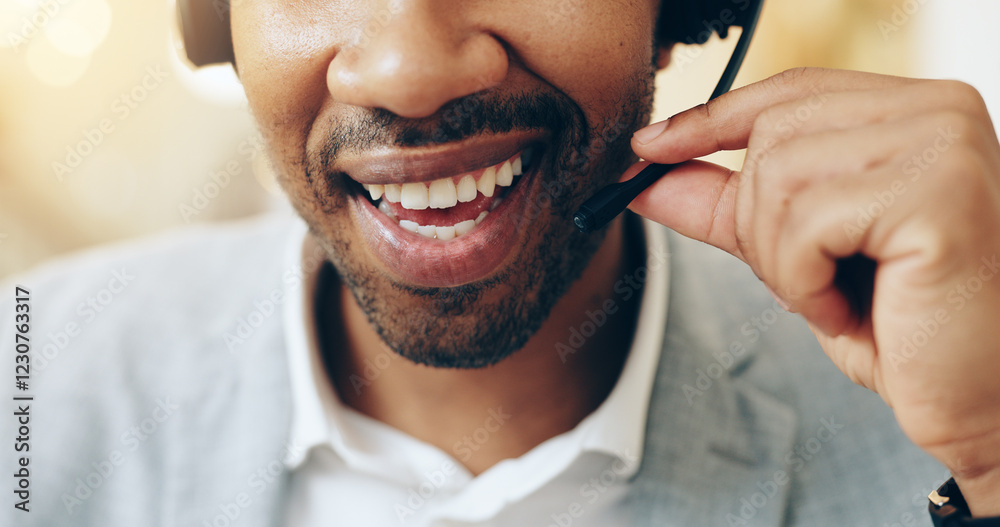 Obraz premium Closeup, black man and business with mic for call center, customer service and discussion for sales. Mouth, male person and consultant with headset for telemarketing, support or assistance in office