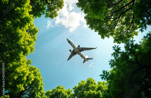 Eco-friendly air travel concept. Plane flies in sky surrounded by rich green trees. Sustainable transport future. Green environment, eco-friendly aviation. Innovative eco transport solutions for photo