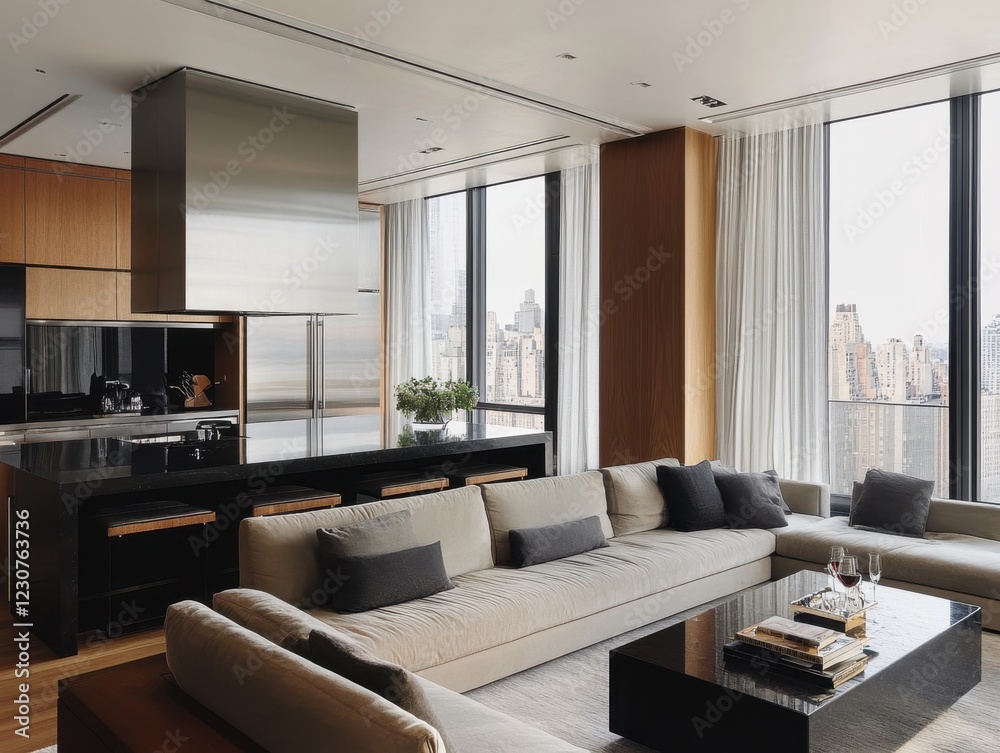 Fototapeta premium A large living room with a black kitchen and a large window. The living room has a couch, a coffee table, and a few pillows