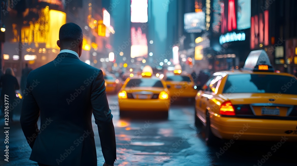 Fototapeta premium A businessman in a suit walks through a busy city street