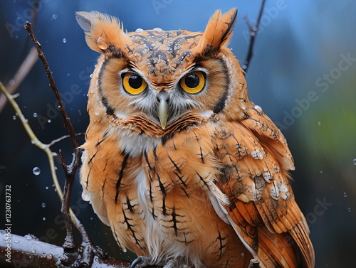 A close-up portrait of an owl with bright yellow eyes, its feathers speckled with rain droplets photo