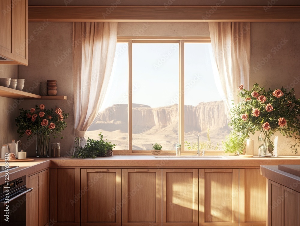 Fototapeta premium A kitchen with a window and a sink. The window has curtains and a view of mountains. There are flowers in vases on the counter