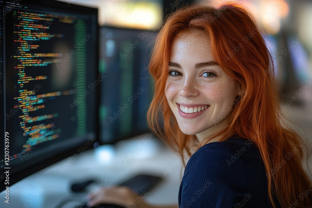 A smiling redhead woman programmer is working on her computer, focused on lines of code. A smiling redhead woman programmer is working on her computer, focused on lines of code.