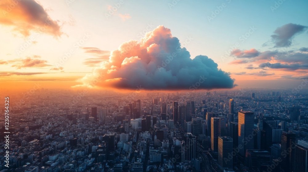 Orange Sunset Over Dense Cityscape With Imposing Cloud Formation