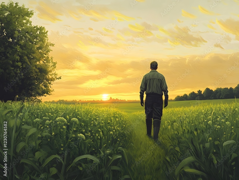 Fototapeta premium A farmer walks through a verdant field at sunset, wearing rubber boots and looking toward the horizon