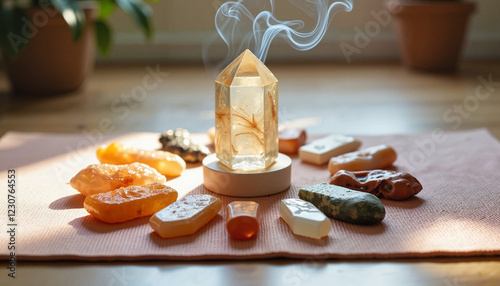 Healing crystal grid on a mat with smoky quartz, citrine, and fluorite in sunburst design with incense
