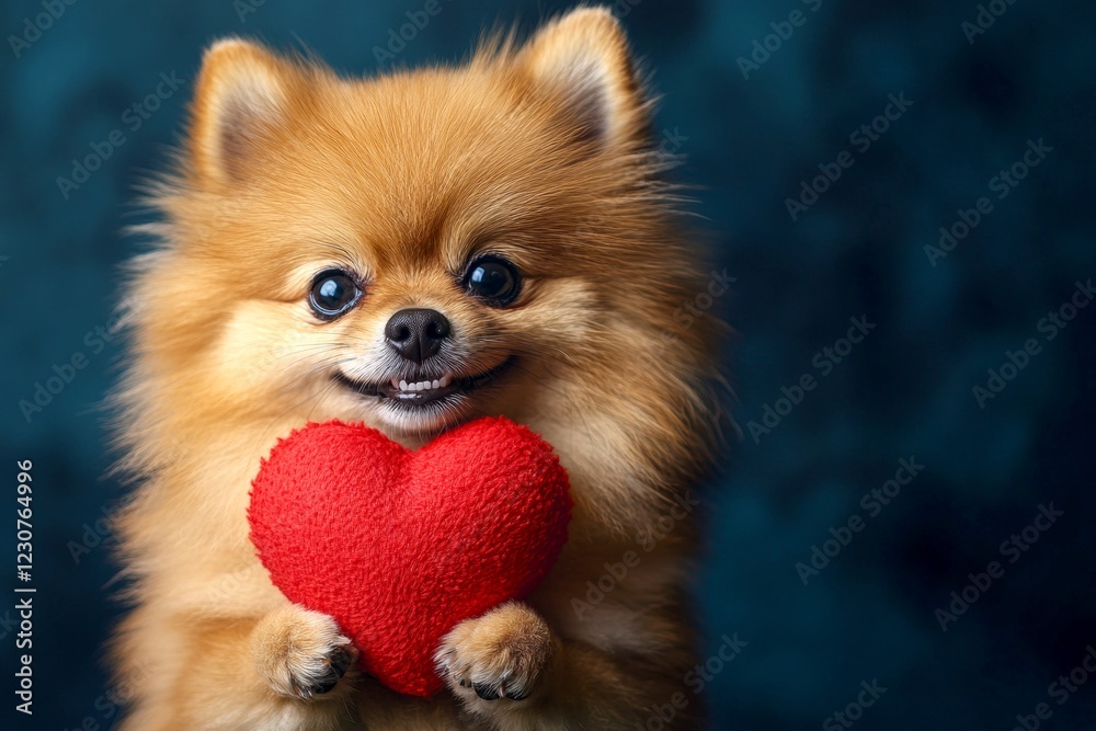 Obraz premium Cute pomeranian doggy with animal toy red heart - sign of love, funny greeting card. Pomeranian - my preferred dog. Digital ads creative art. Red heart and cute dog. Dog cuddling heart.