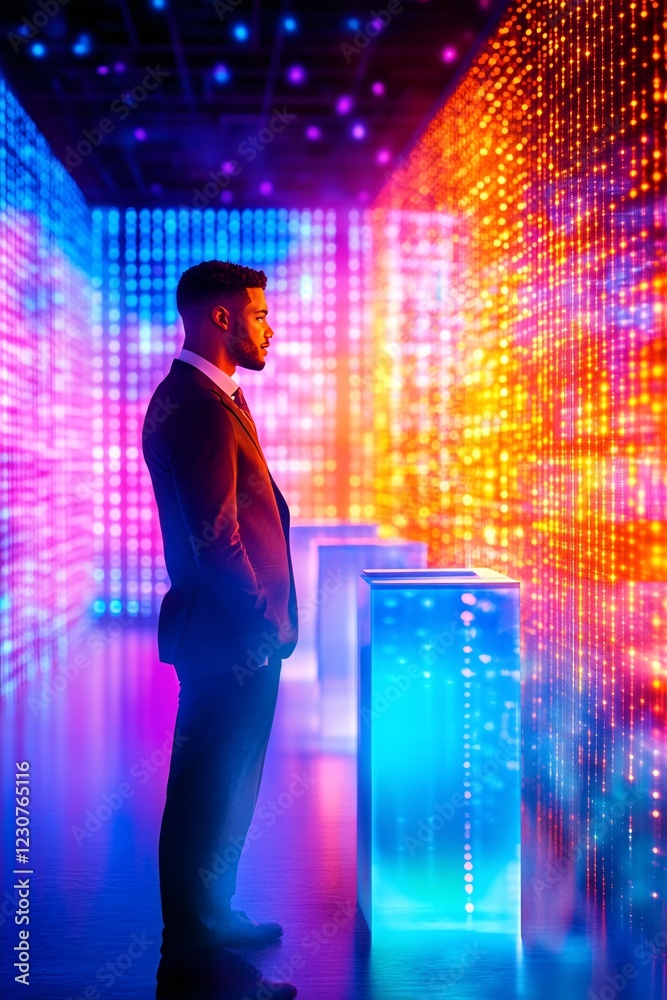Man in Stylish Suit Engages with Vibrant Interactive Digital Display in Studio Man in Stylish Suit Engages with Vibrant Interactive Digital Display in Studio
