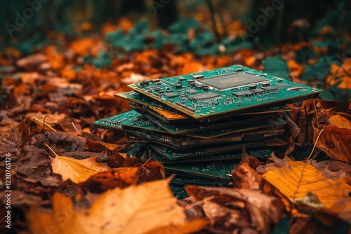 A stack of discarded circuit boards rests amongst fallen autumn leaves, depicting technological obsolescence amidst nature's seasonal change.