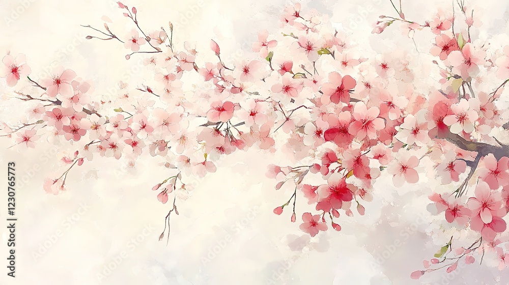 Naklejka premium Cherry blossoms, soft pastel color palette, watercolor style, white background