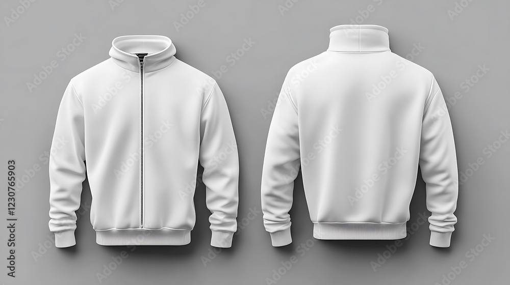 White sweatshirt with a half-zip front and back, mock-up, isolated on a gray background. Clear focus, high resolution, ultra-realistic photography White sweatshirt with a half-zip front and back, mock-up, isolated on a gray background. Clear focus, high resolution, ultra-realistic photography