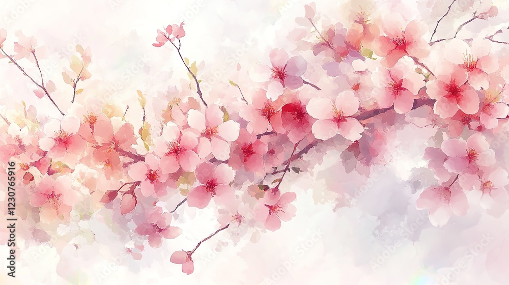 Fototapeta premium Cherry blossoms, soft pastel color palette, watercolor style, white background